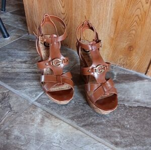 Ladies Guess Camel Wedge Sandals With Cork Heel Sz. 8 1/2 M